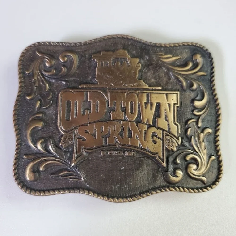 Vintage 1982 Old Town Spring Texas Train Belt Buckle TRG Co Brass Tone Western